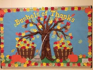 ... | Thanksgiving bulletin board with fall leaves and apple baskets