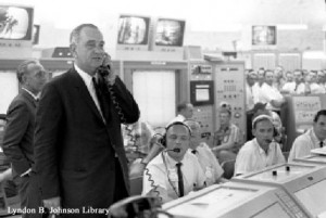 President Lyndon B. Johnson on the telephone at Mission Control, Cape ...