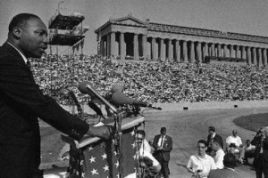 Martin Luther King, Jr. speaking at Soldier Field in Chicago.