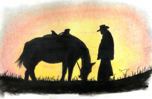 Cowboy Horse Blue Sunset Image