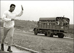 Muhammad Ali on an early morning training run in Zaire. Copyright ...