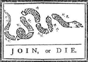 Black and white political cartoon depicting a snake cut into pieces ...