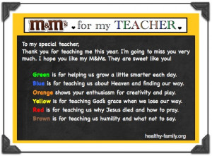 Download free M&Ms teacher poem for a Christian school teacher.
