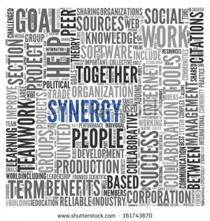 Synergy and teamwork concept in word tag cloud - stock photo
