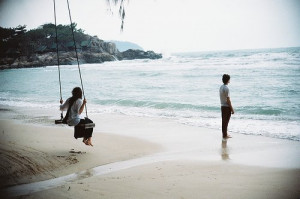 beach, couple, sea, swing