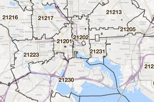 Map Showing Zip Code Boundaries For Baltimore Maryland