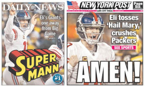 What kind of superhero is Eli Manning for beating the Packers?