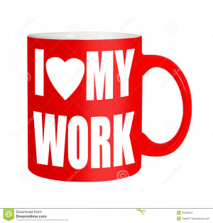Happy workers,employees, staff - red mug isolated over white