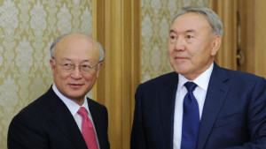Nursultan Nazarbayev (R) meets with Yukiya Amano in Astana on August ...