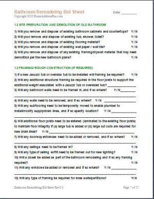 Bathroom Remodeling Bid Sheet Sample Bathroom Remodel Budget Template