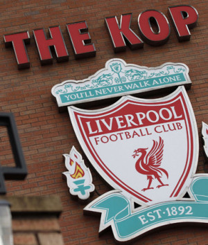 Liverpool's emblem is seen in front of their Anfield stadium in ...