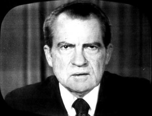 President Richard Nixon on television during his resignation speech in ...