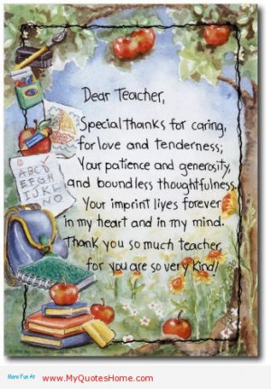 Dear Teacher, Special Thanks For Caring For Love And Tenderness, Your ...