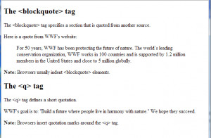 The HTML text formating (blockquote tag) and tags