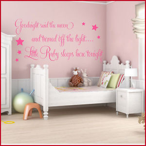Personalised Baby Wall Sticker Goodnight Girls Nursery Art Word Quote Decal 