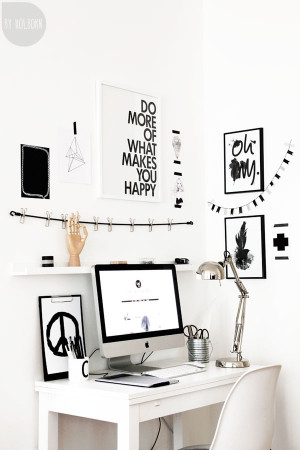 home office creative space black and white prints quotes peace desk ...