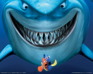 This is Bruce the shark with Marlin and Dory.