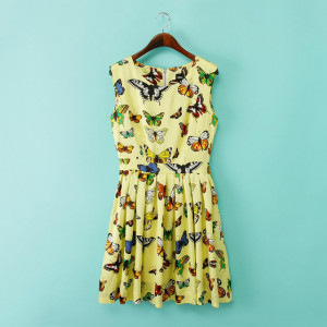 New Women's Yellow Butterfly Print Beach Chiffon Dresses Ladies Mini ...
