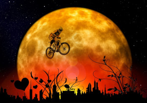 moon, bike, mountain bike, clothing, silhouettes, city