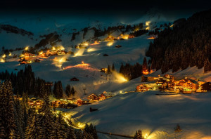 Magical winter night in dam austria
