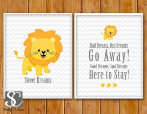 Lion Nursery Decor Gray Yellow Bedtime Quote for Good Dreams Sweet ...