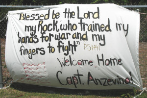 welcome Home banner for a Marine returning from combat in Irag.