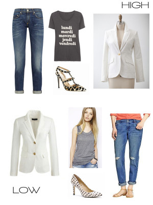 HIGH: blazer $330 // t-shirt $40 // jeans $200 // heels $1,245