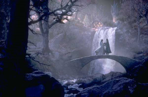 arwen and aragorn on the bridge in rivendell pre production art