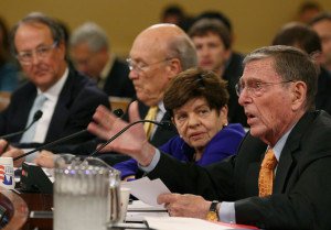 Alice Rivlin Former Sen Pete Domenici R NM R speaks while flanked