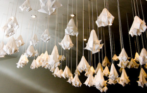 the origami pieces hanging