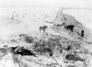 View of canyon at Wounded Knee, dead horses and Lakota bodies are ...