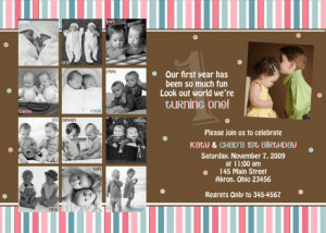 Twins Year of Fun Photo Card 1st Birthday Invitation Stripes Boy Girl
