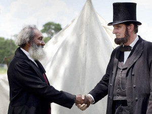 President Abraham Lincoln, left and Frederick Douglass, right, pose ...
