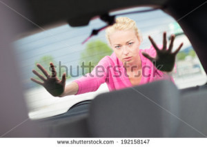 Self Sufficient Strong Young Woman Pushing A Car Engine Breakdown