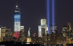 11 commemoration: New York Skyline lit up with twin lights at World ...