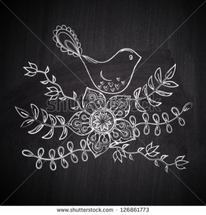 Chalk drawing greeting card with cute bird on chalkboard blackboard