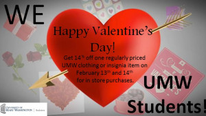 Feb 13 valentines day 14% off we heart umw students