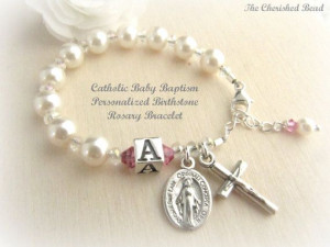 Personalized Birthstone Catholic Baby Baptism Bracelet with Initial ...