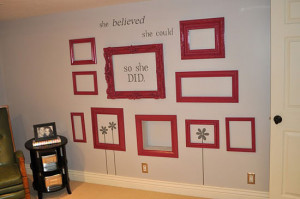 red vintage frames on white wall offer modern wall decor ideas