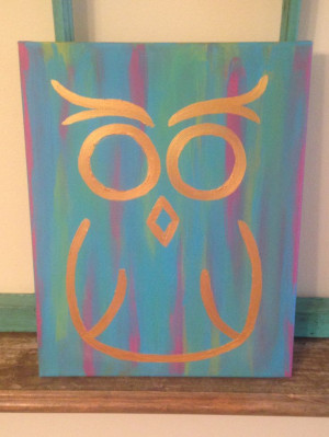 OWL canvas gold on mulitcolor background by PinkAcornProducts, $18.00