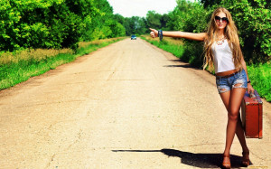 Road trip, blonde, girl, green, road, tree, woman