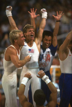 US gymnasts Peter Vidmar and Bart Conner celebrate at the 1984 ...