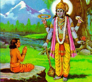 Dhruva pleasing Lord Vishnu with his Meditation