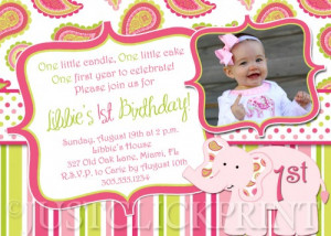 Paisley Pink Elephant First Birthday Party Invitation - Printable