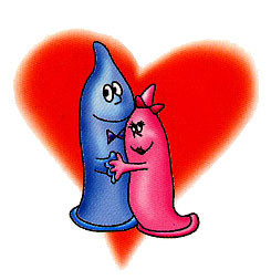 Funny cartoon of two comdoms fallen in love
