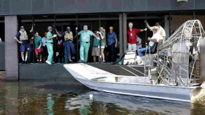 An airboat pulls up to the Memorial Medical Center in New Orleans on ...