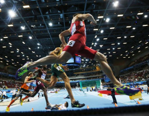 in a men's 800m heat during the Athletics World Indoor Championships ...
