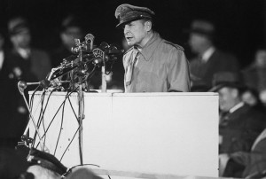 MacArthur addresses an audience of 50,000 at Soldier Field , Chicago ...