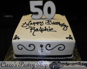 White 50th Birthday Cake Square Birthday Cake with Black Scroll Work ...