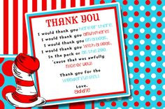 Dr Seuss Birthday Party Baby Shower Thank You Card x 2